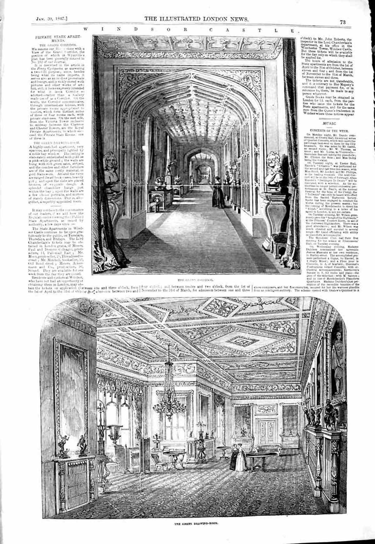 Original Old Antique Print 1847 Windsor Castle Green Drawing-Room Corridor 19th