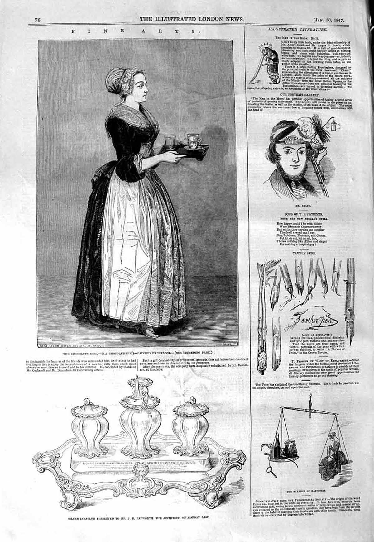 Original Old Antique Print 1847 Chocolate Girl Llardot Silver Inkstand Papworth