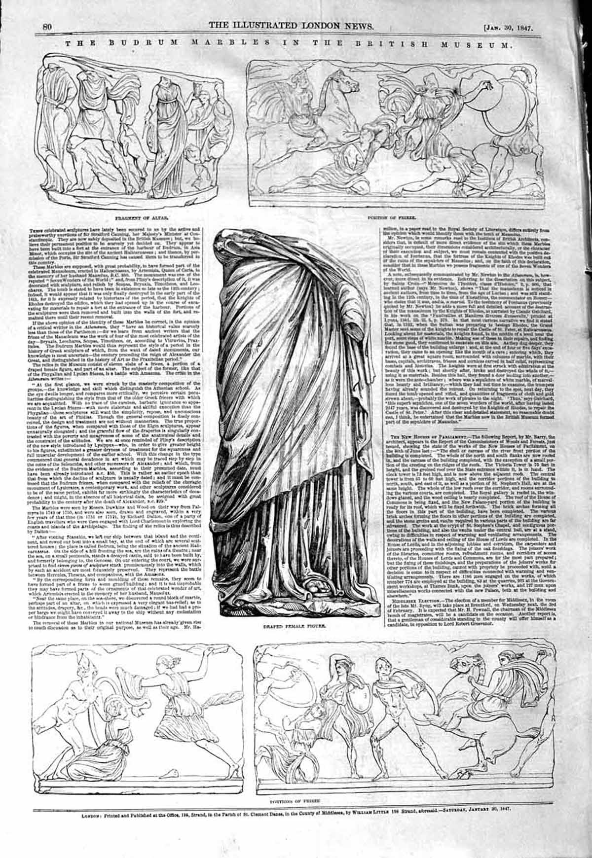 Original Old Antique Print 1847 Budrum Marbles British Museum Altar Frieze 19th