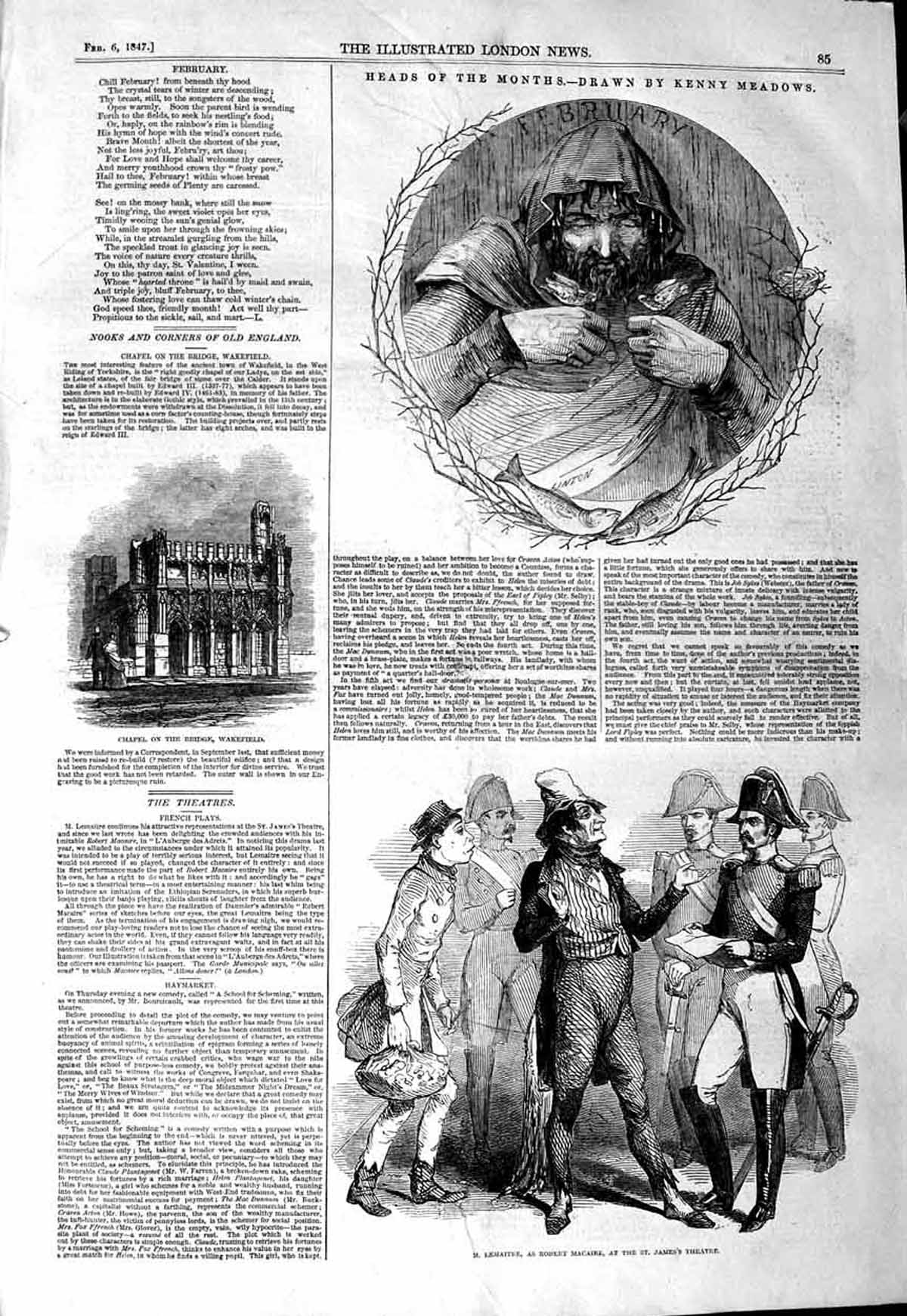 Old Antique Print 1847 Chapel Bridge Wakfield Lemaitre St. James Theatre 19th