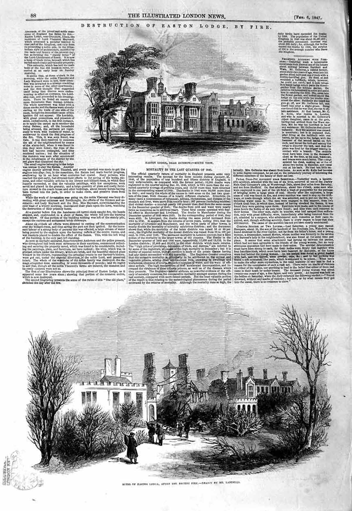 Original Old Antique Print 1847 Fire Easton Lodge Dunmow Ruins Architecture