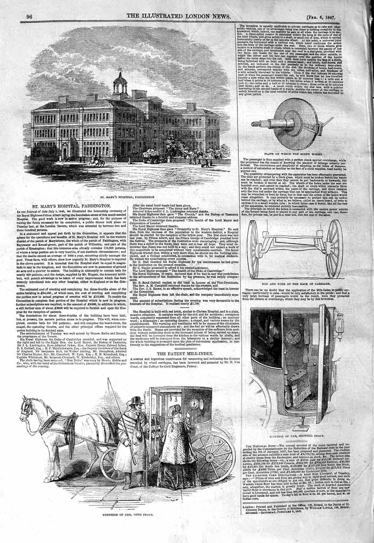 Old Antique Print 1847 Mary'S Hospital Paddington Cab Carriage Rod Tube 19th