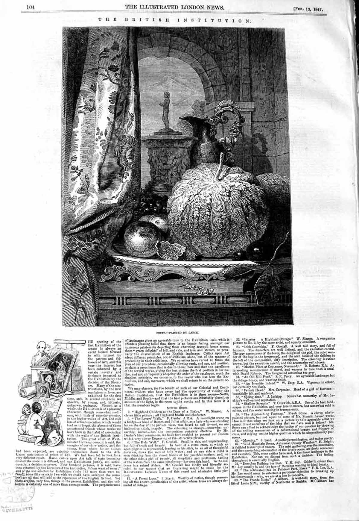 Original Old Antique Print 1847 British Institution Fine Art Fruit Bowl Lance