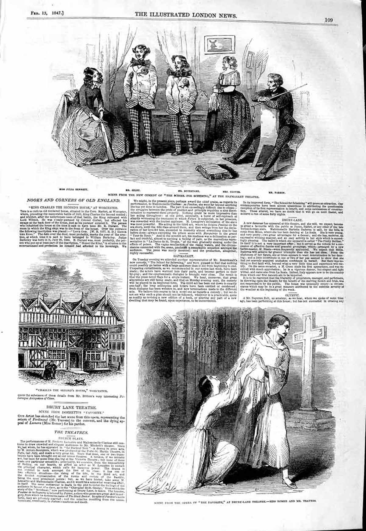Old Antique Print 1847 Opera Romer Travis Drury Theatre Worcester Glover 19th