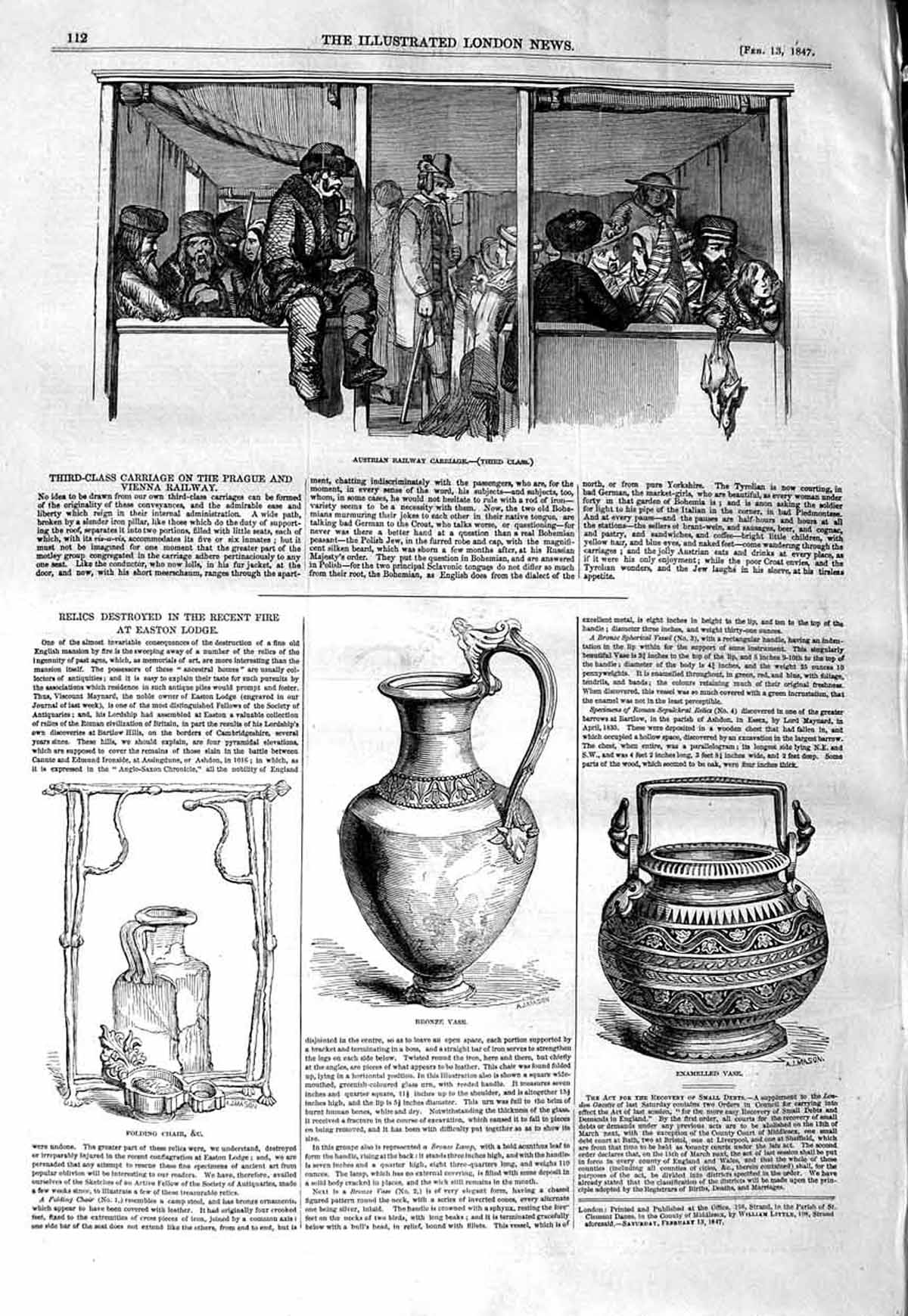 Original Old Antique Print 1847 Austrian Railway Carriage Bronze Vase Chair