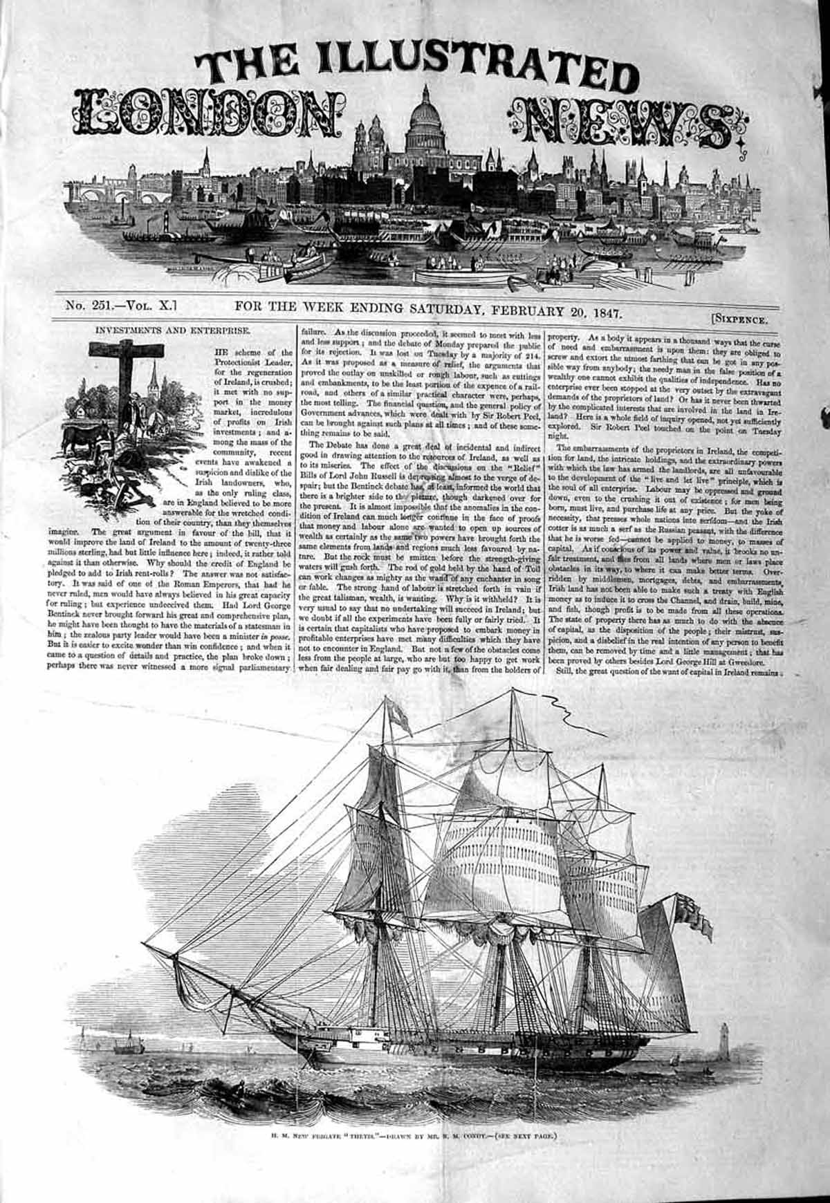 Original Old Antique Print 1847 H.M. New Frigate Ship Thetis Condy Victorian