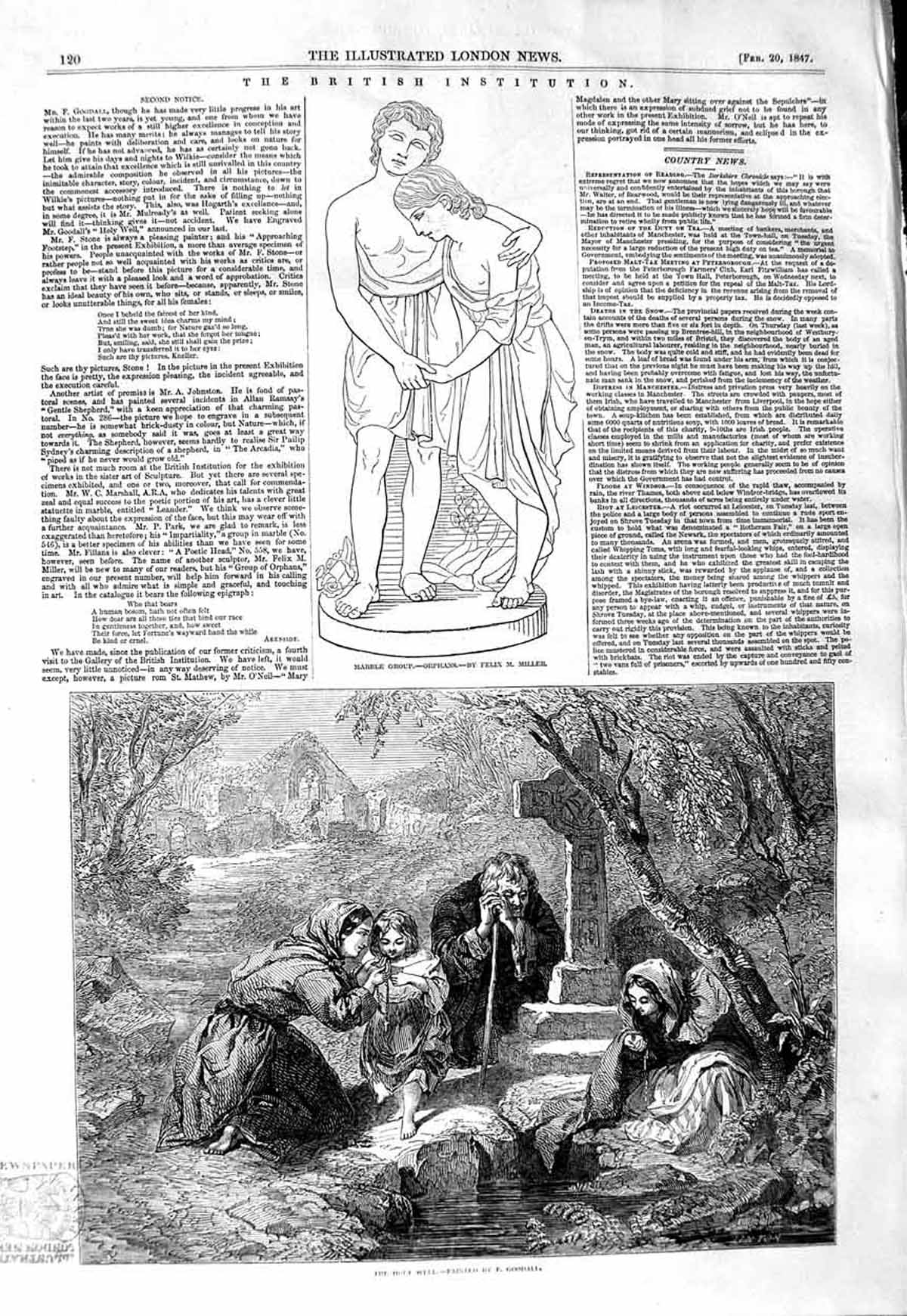 Original Old Antique Print 1847 Marble Group Orphans Holy Well Washing Religion