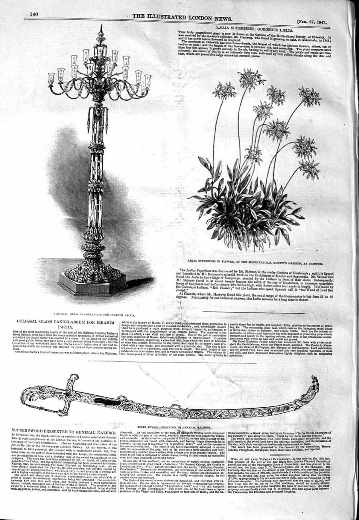 Old Antique Print 1847 Colossal Candelabrum Ibrahim Pacha Sword Kalergi 19th