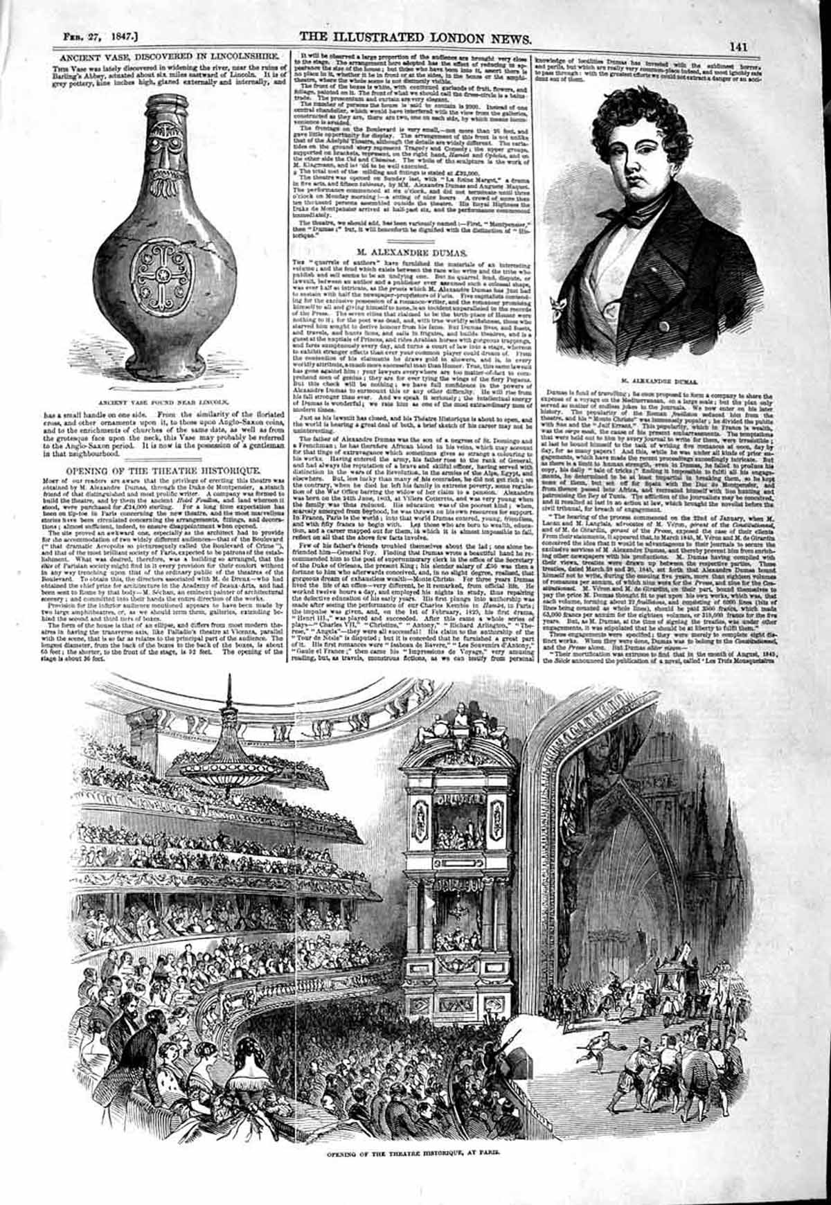 Original Old Antique Print 1847 Theatre Historique Paris Alexandre Dumas Vase