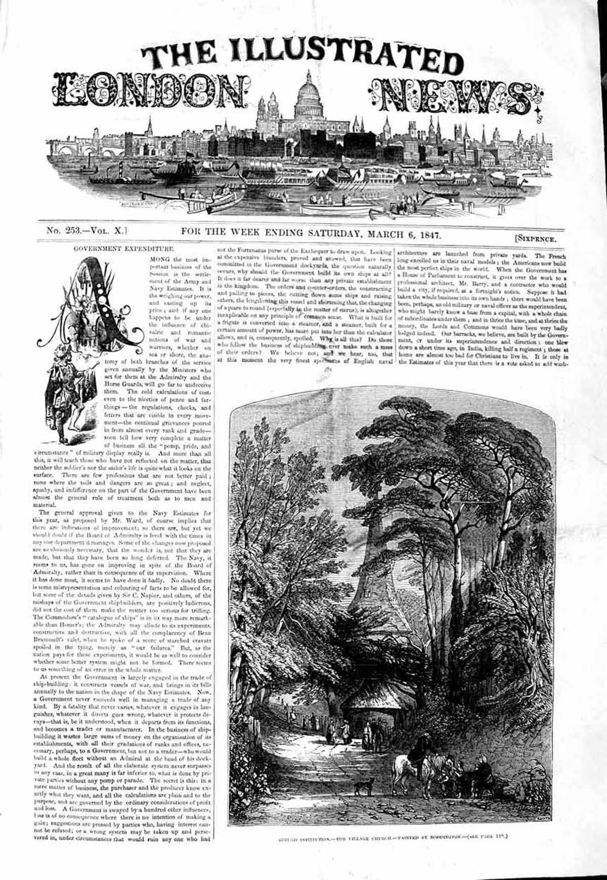 Old Antique Print 1847 Village Church Trees Horse Dog Boddington Fine Art 19th