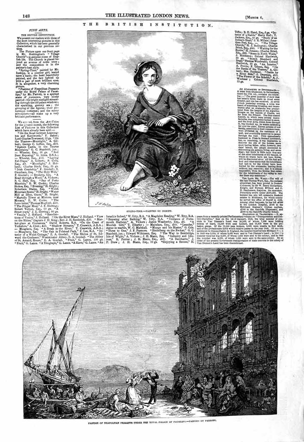 Old Antique Print 1847 Royal Palace Pausilipo Neapolitan Peasants Spring 19th