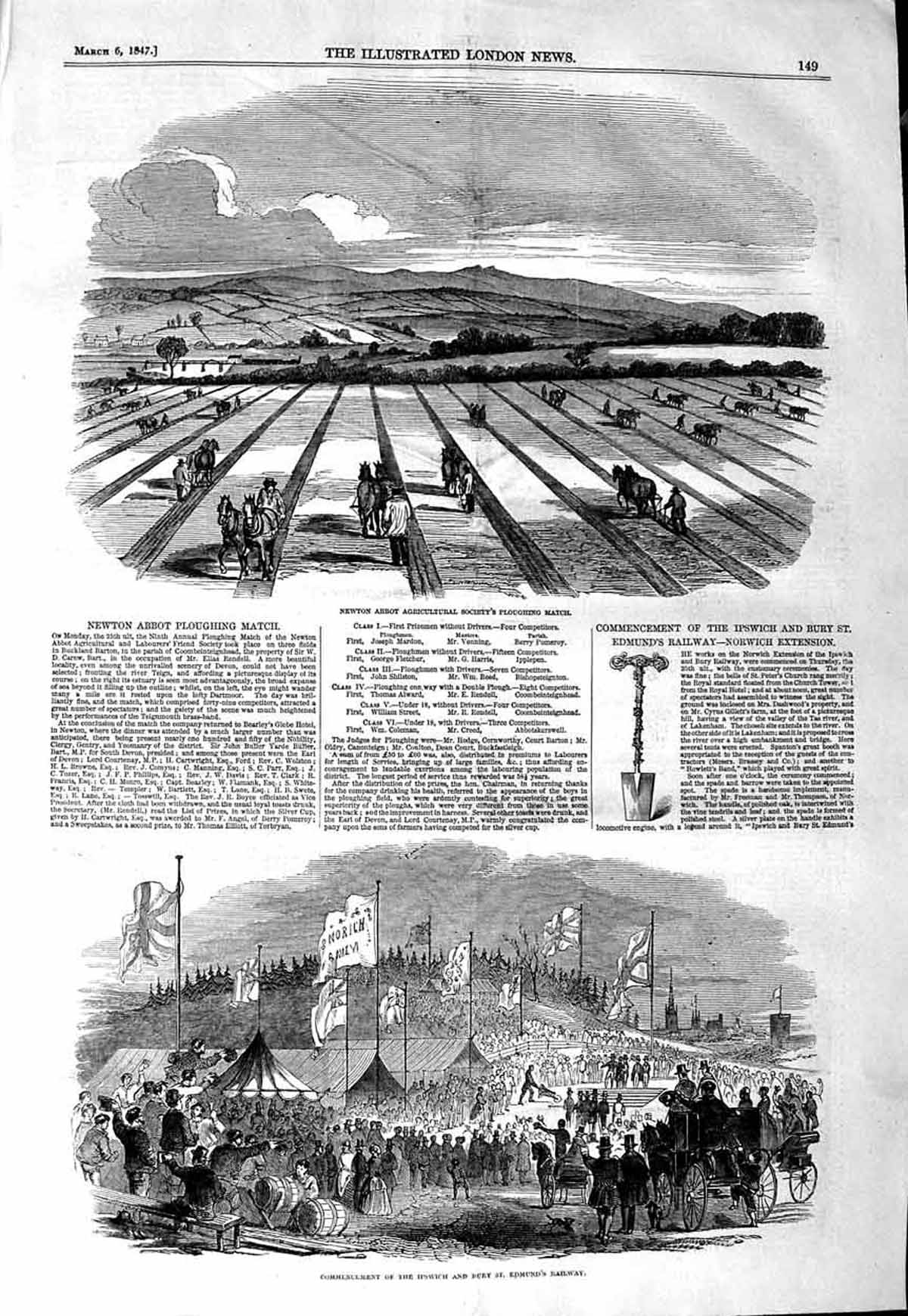 Old Antique Print 1847 Newton Abbot Agriculture Ploughing Railway Edmunds 19th