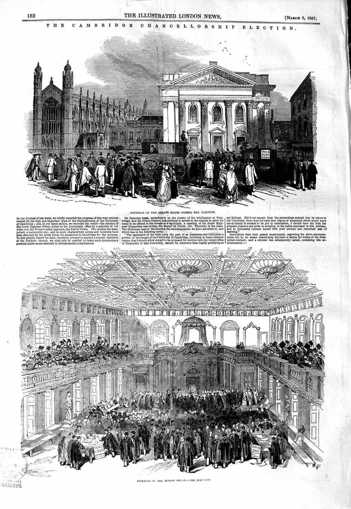Old Antique Print 1847 Cambridge Chancellorship Election Senate College 19th