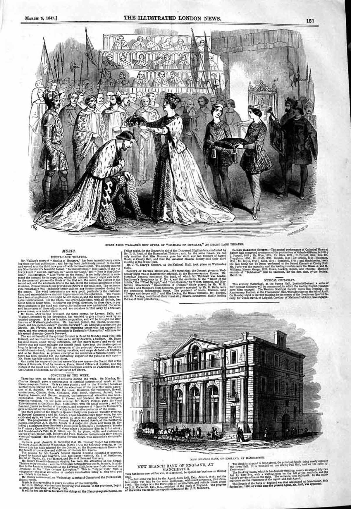 Original Old Antique Print 1847 Opera Drury Theatre Bank England Manchester