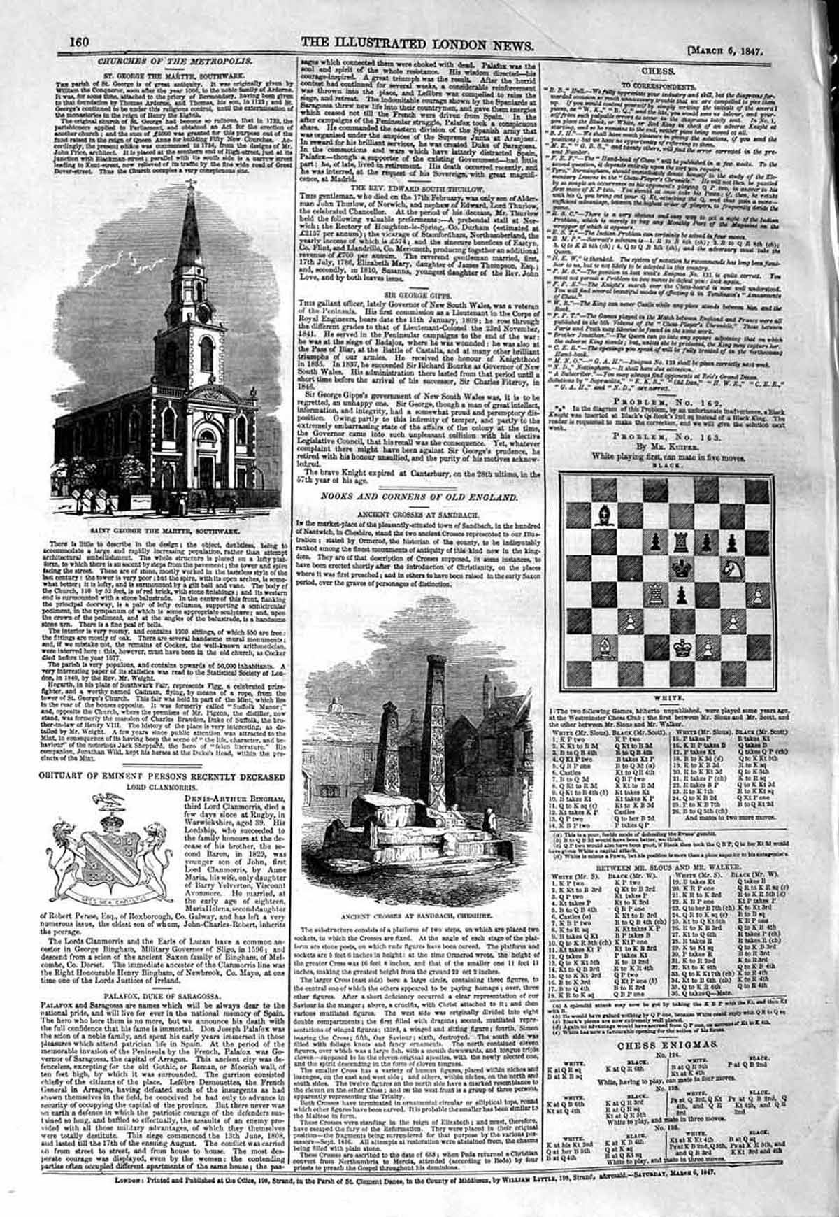 Original Old Antique Print 1847 Saint George Martyr Church Southwark Sandbach