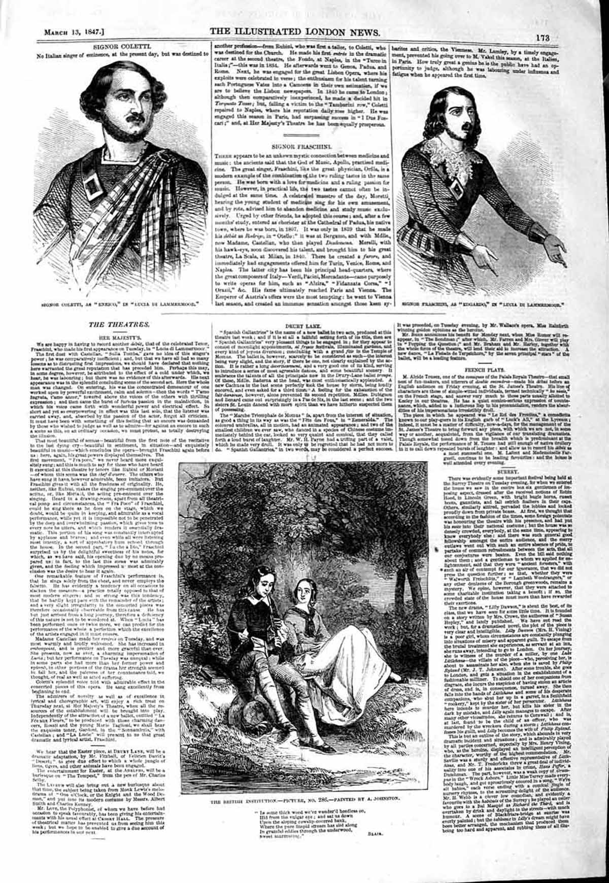 Original Old Antique Print 1847 Signor Coletto Lammermoor Fraschini Romance