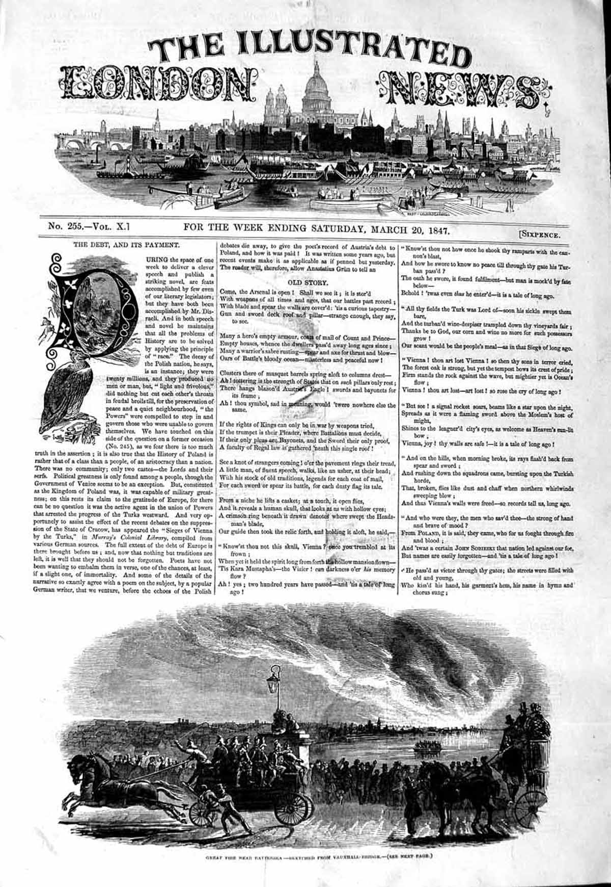 Original Old Antique Print 1847 Great Fire Battersea Vauxhall Bridge Firemen