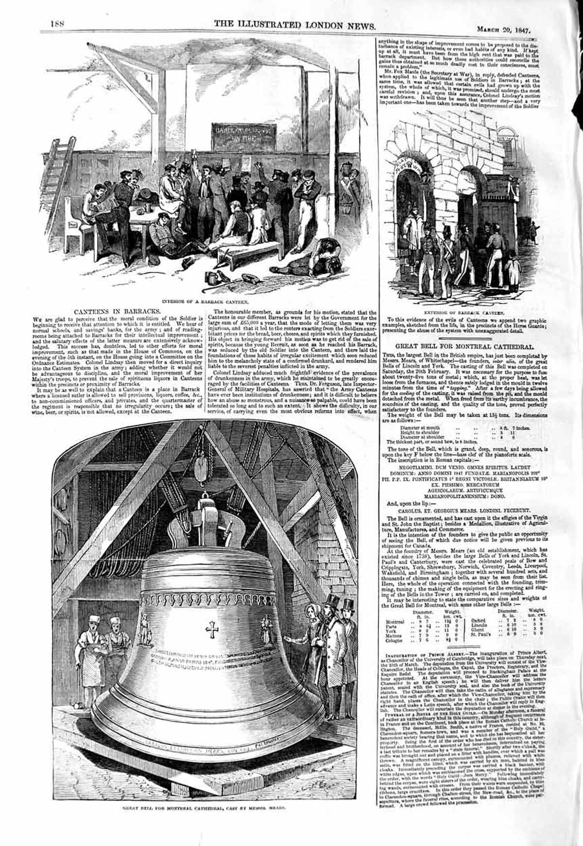 Original Old Antique Print 1847 Bell Montreal Cathedral Mears Barrack Canteen