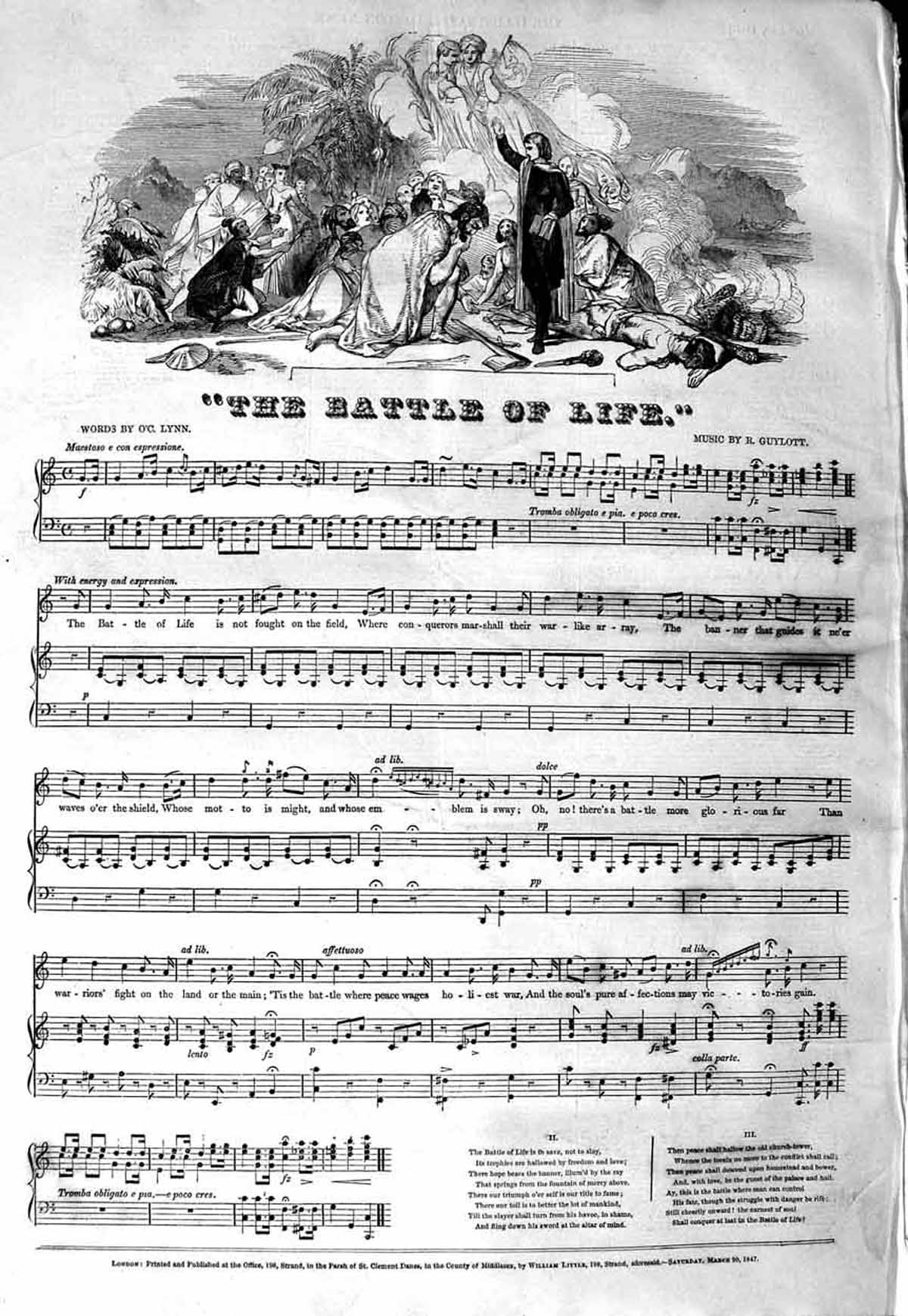 Original Old Antique Print 1847 Sheet Music The Battle Life Lynn Guylott 19th
