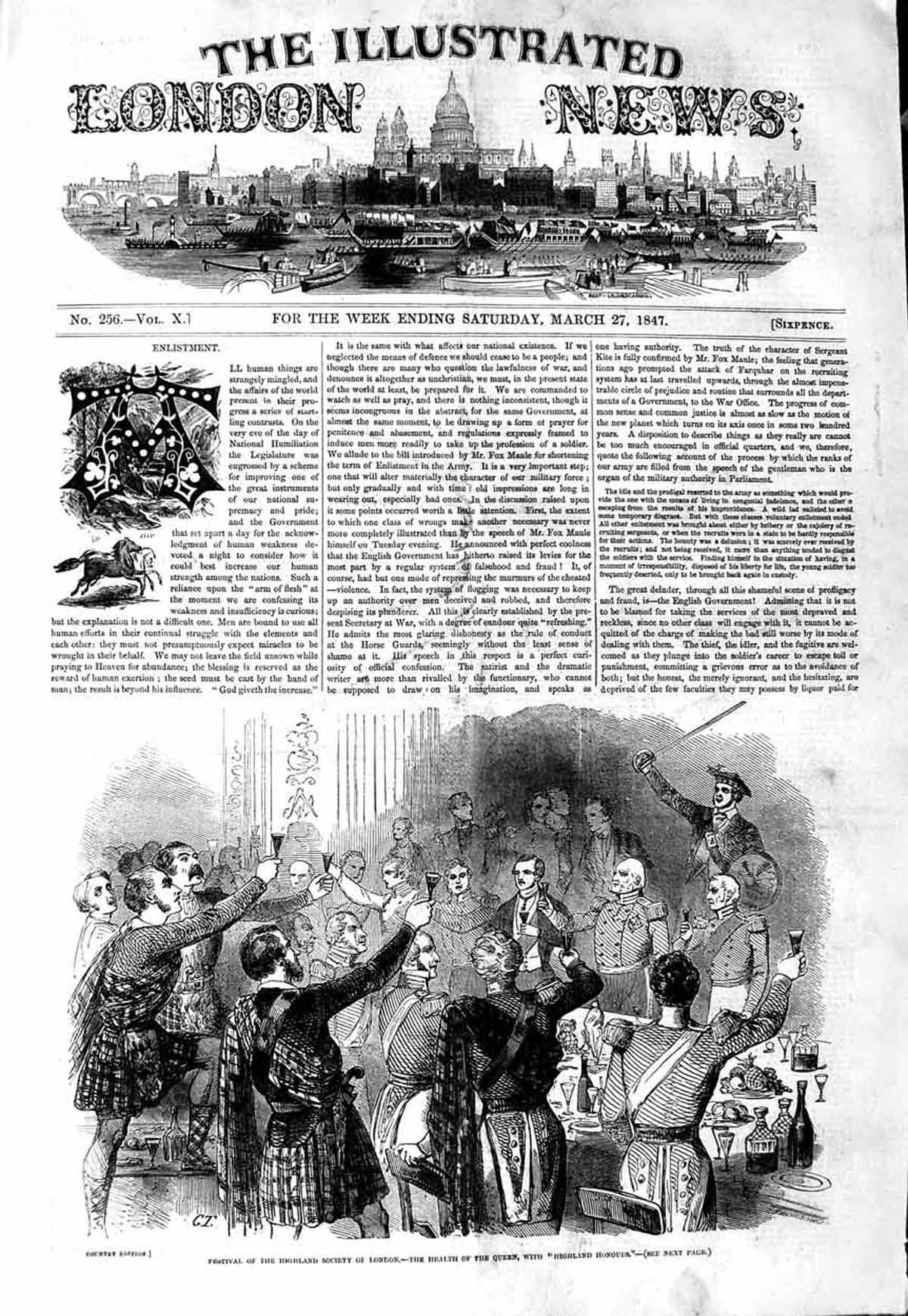 Original Old Antique Print 1847 Festival Highland Society London Toasting Queen