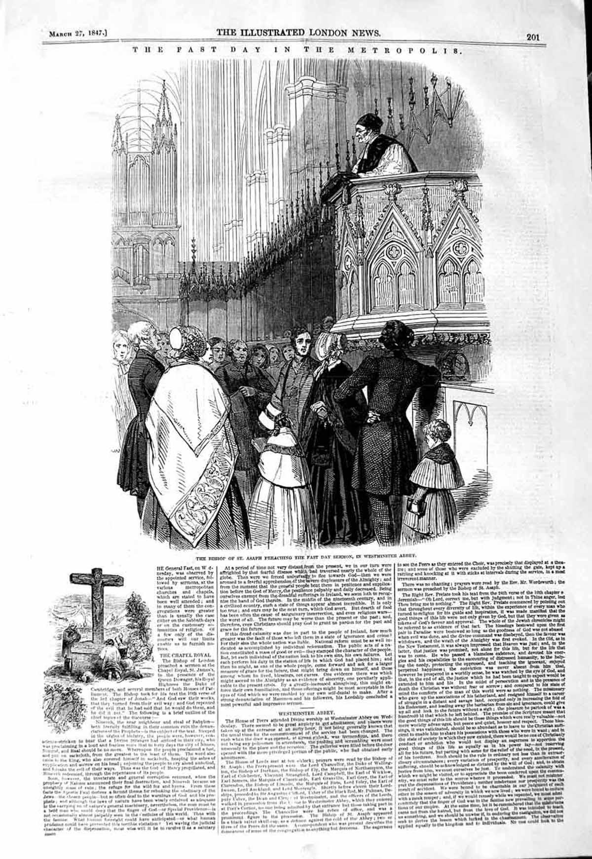 Original Old Antique Print 1847 Bishop St. Asaph Preaching Westminster Abbey