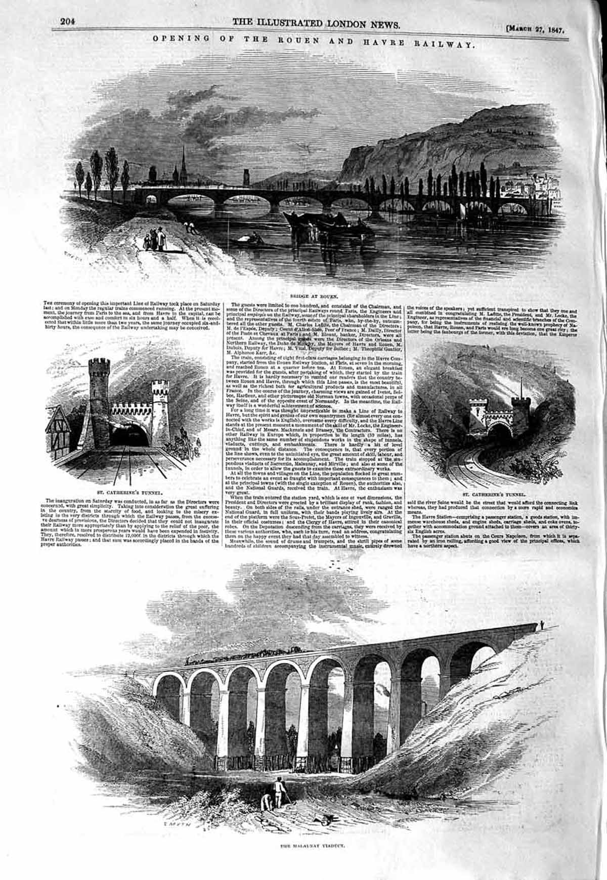 Original Old Antique Print 1847 Rouen Havre Railway Malaunay Viaduct Harfleur