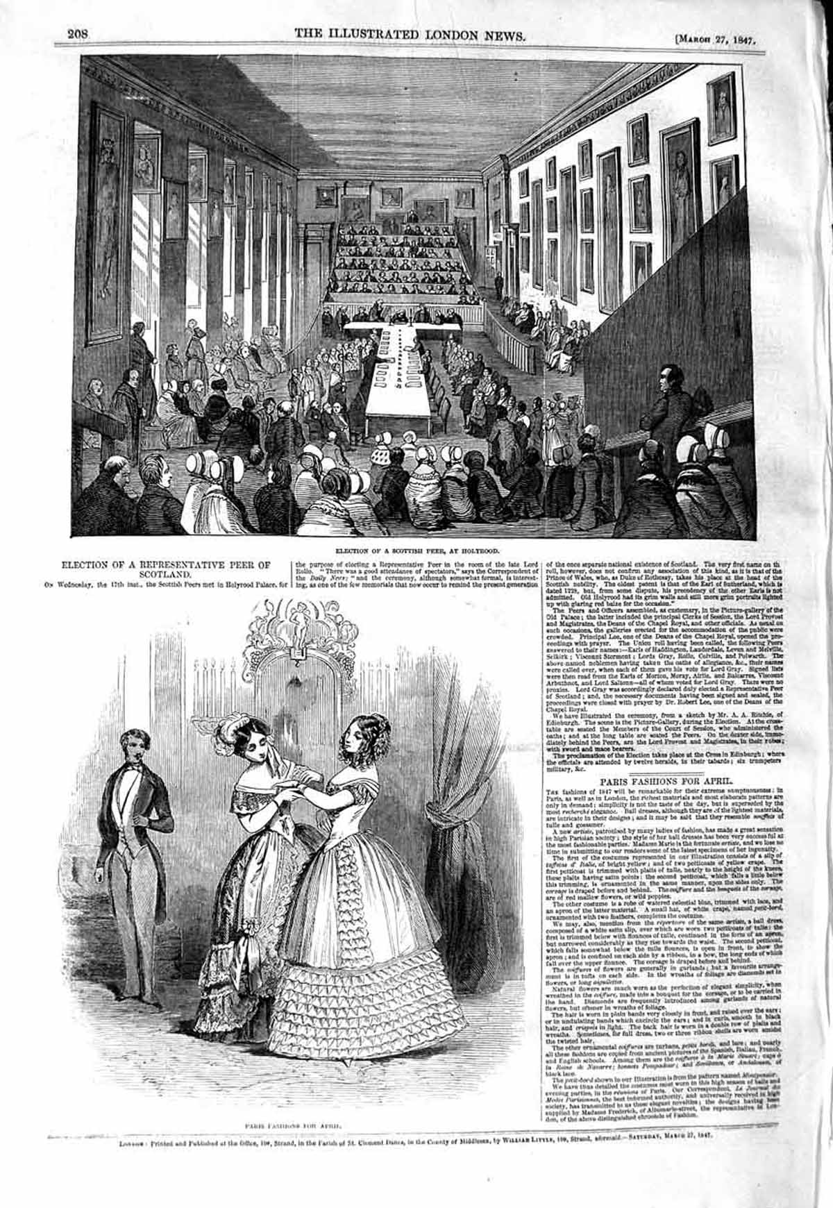 Old Antique Print 1847 Election Scottish Peer Holyrood Parliament Fashion 19th