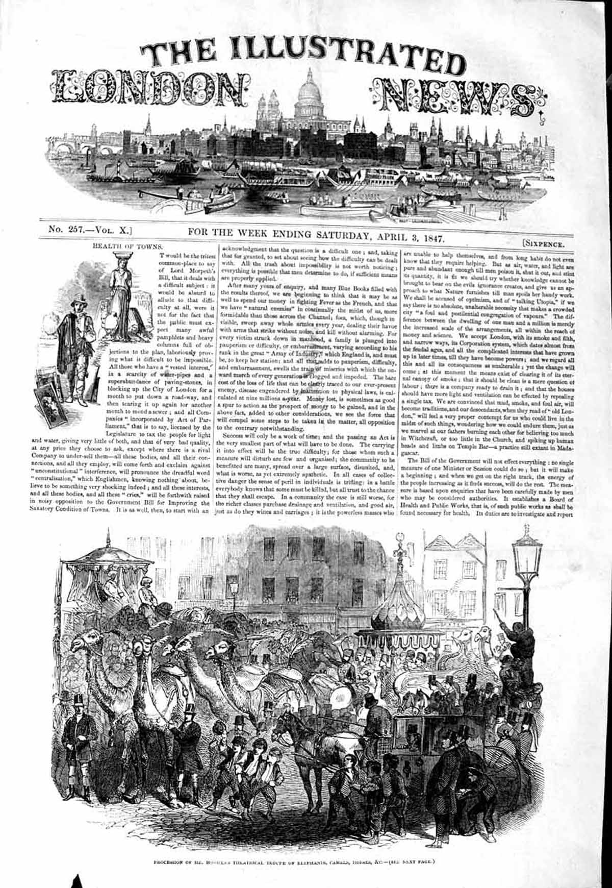 Original Old Antique Print 1847 Procession Hughes Theatrical Elephants Camels