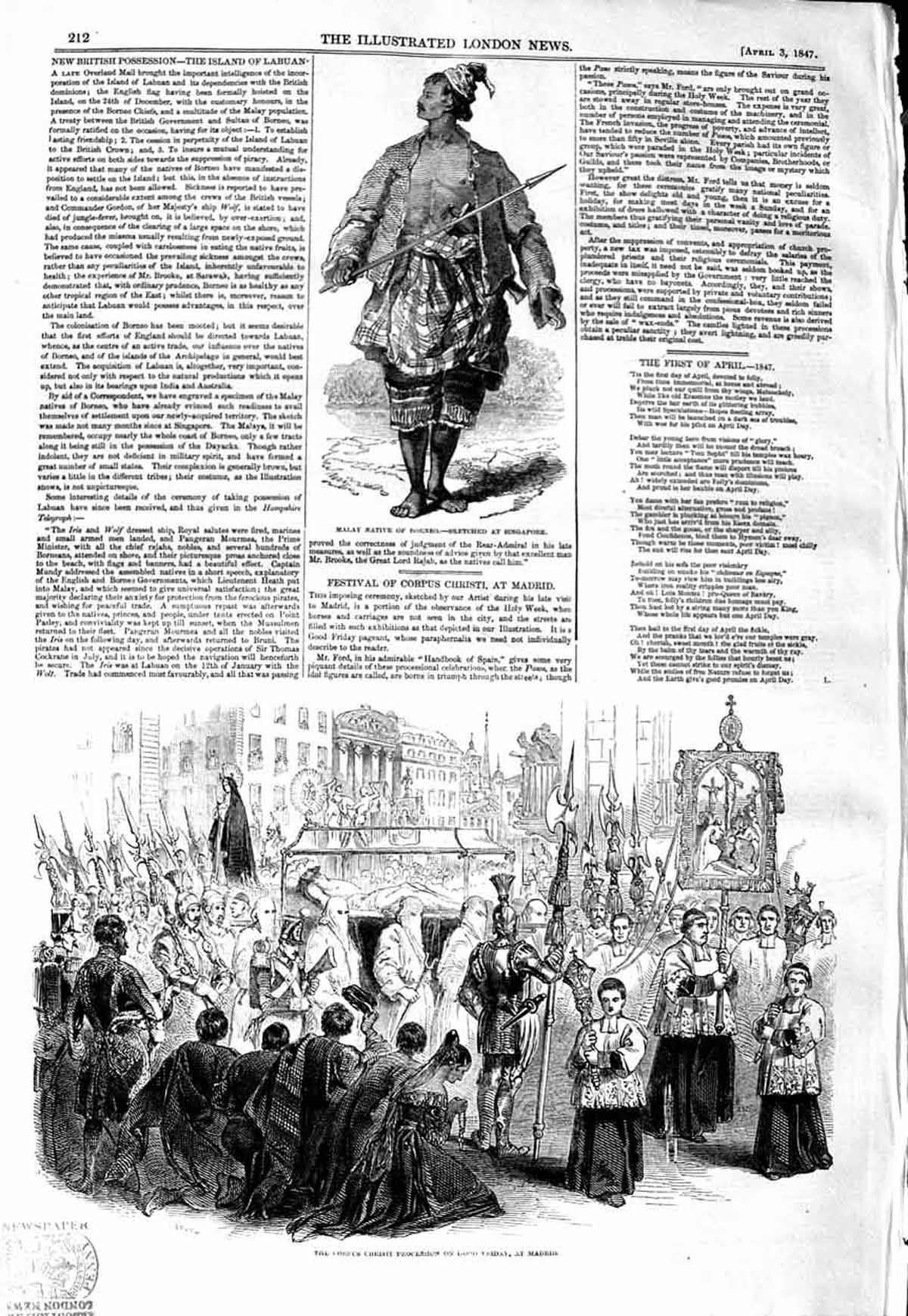 Original Old Antique Print 1847 Malay Native Borneo Corpus Christi Madrid Spain