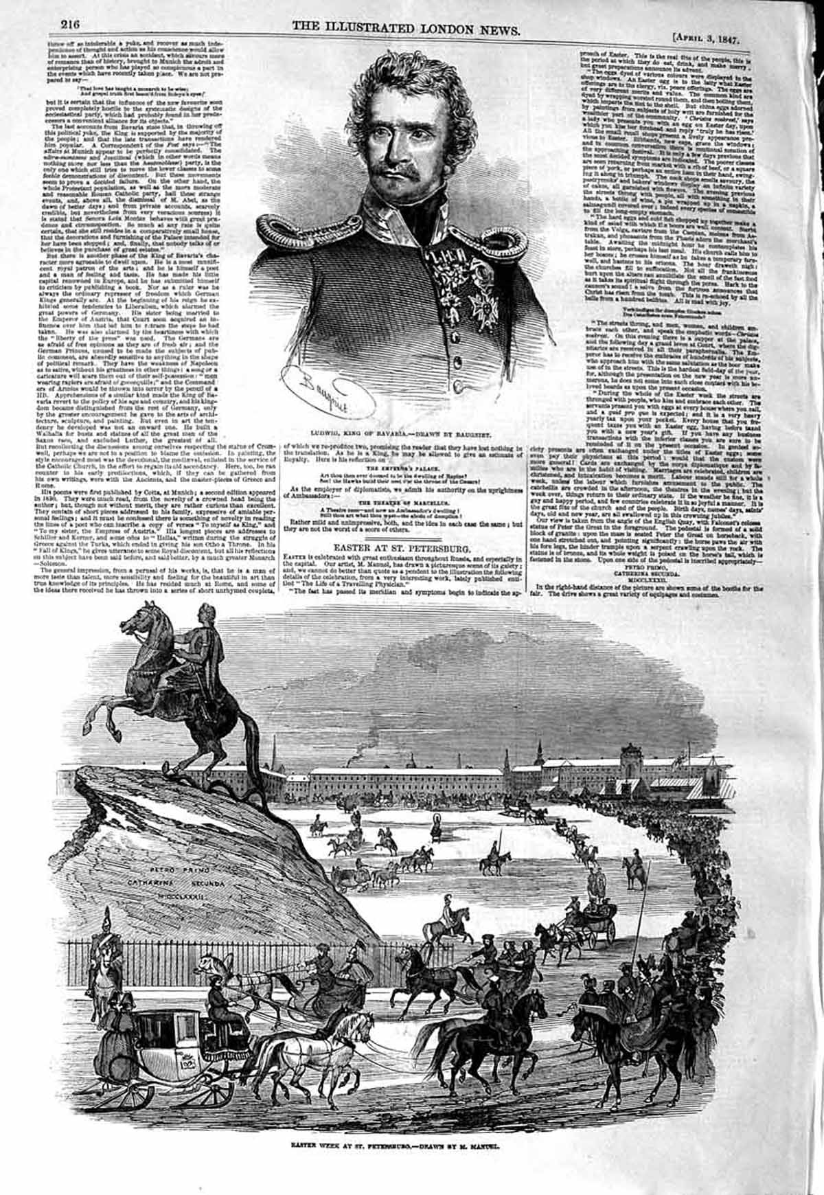 Old Antique Print 1847 Ludwig King Bavaria Easter St. Petersburg Statue 19th