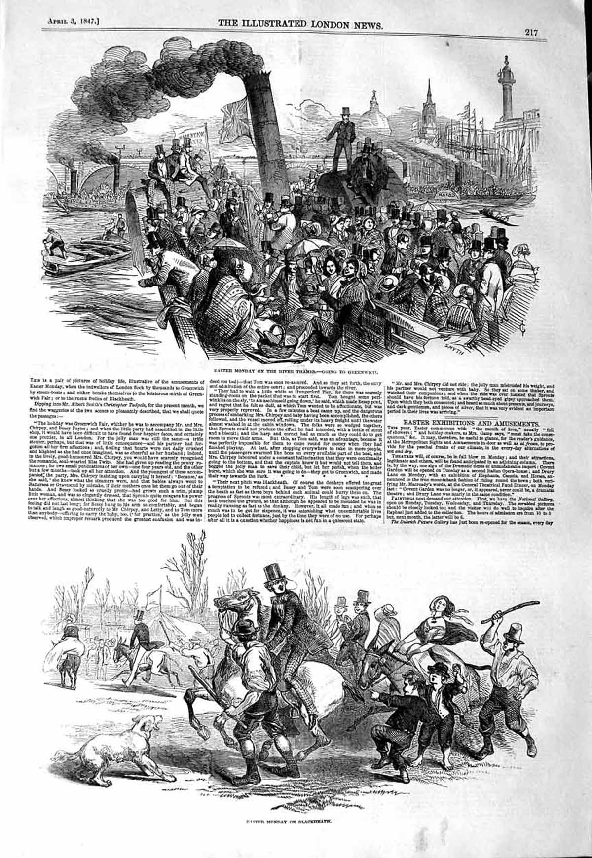 Original Old Antique Print 1847 Easter River Thames Greenwich Boats Blackheath