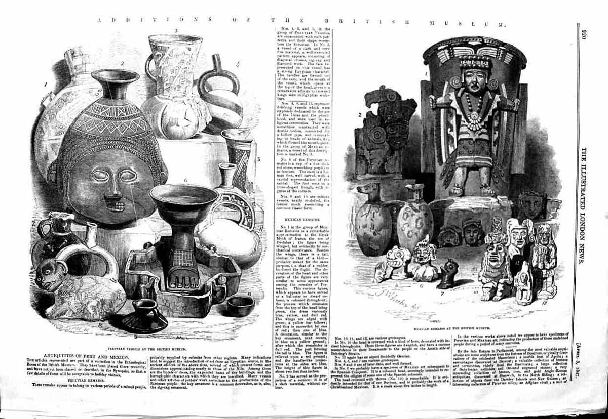 Old Antique Print 1847 British Museum Peruvian Vessels Mexican Antiquitie 19th