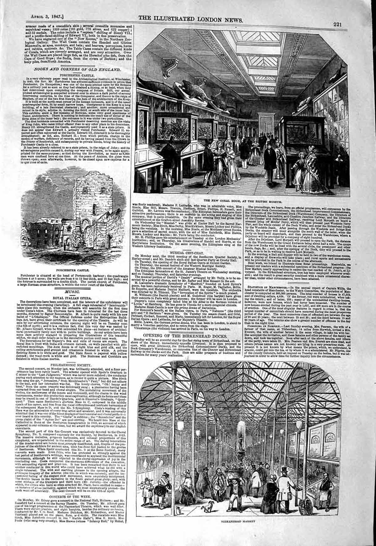 Old Antique Print 1847 Porchester Castle Birkenhead Market British Museum 19th