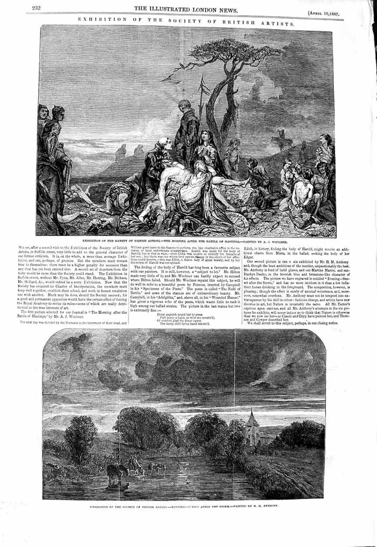 Old Antique Print 1847 Anthony Art Evening Sunset Morning Battle Hastings 19th
