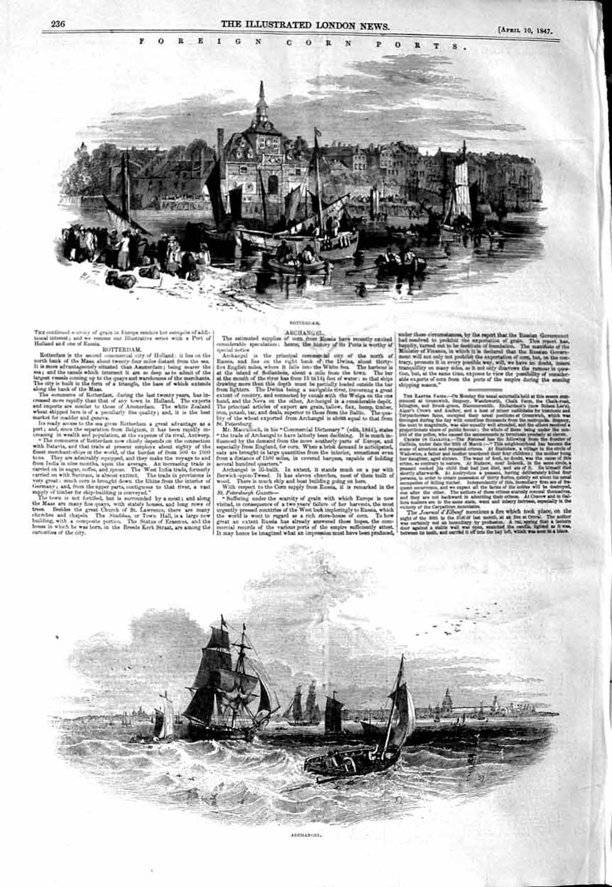 Original Old Antique Print 1847 Foreign Corn Port Rotterdam Archangel Ship 19th