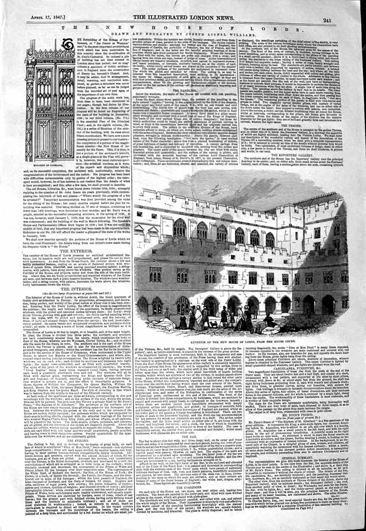 Original Old Antique Print 1847 Exterior House Lords Court Paneling Williams
