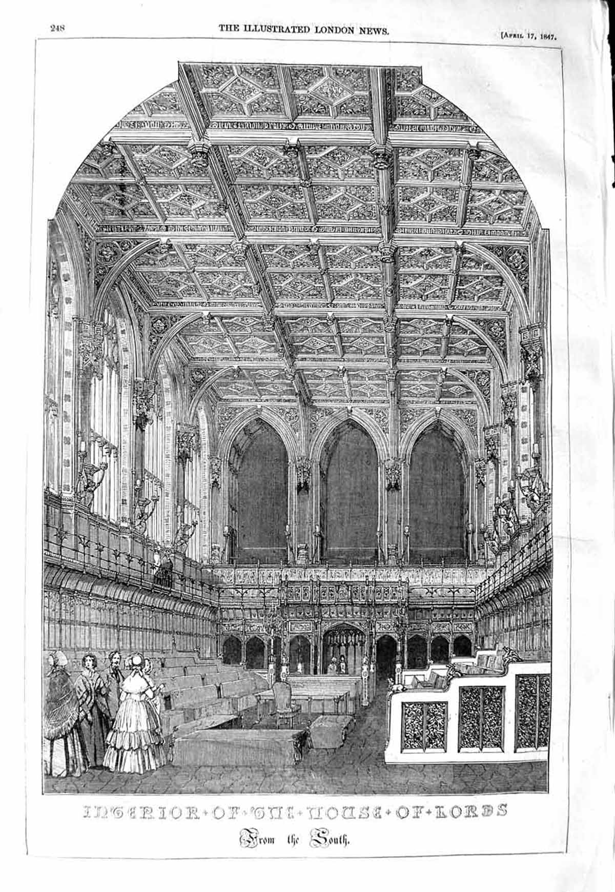 Original Old Antique Print 1847 Interior House Lords London Bar Architecture