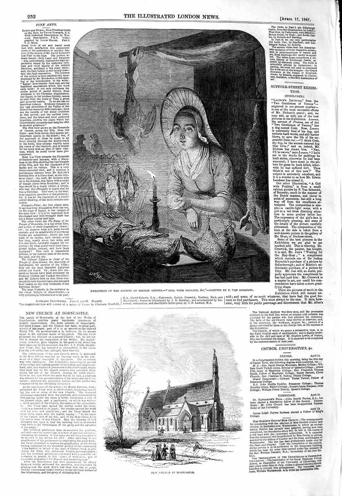 Original Old Antique Print 1847 Church Horncastle Girl Poultry Van Schiendel