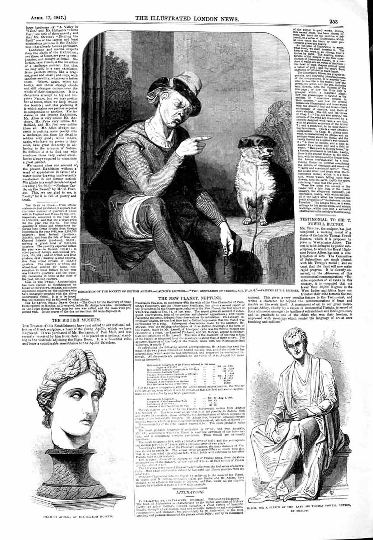 Old Antique Print 1847 Head Apollo British Museum Statue Buxton Man Dog 19th