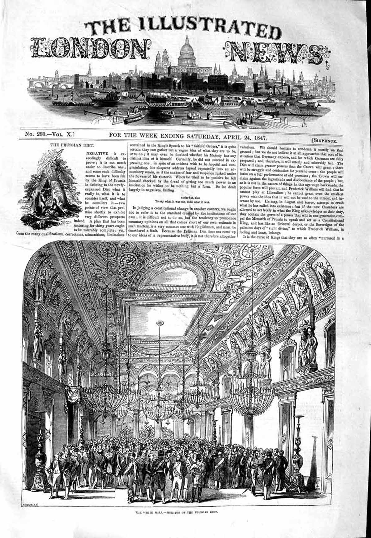 Original Old Antique Print 1847 Scene Meeting Prussian Diet White Hall 19th