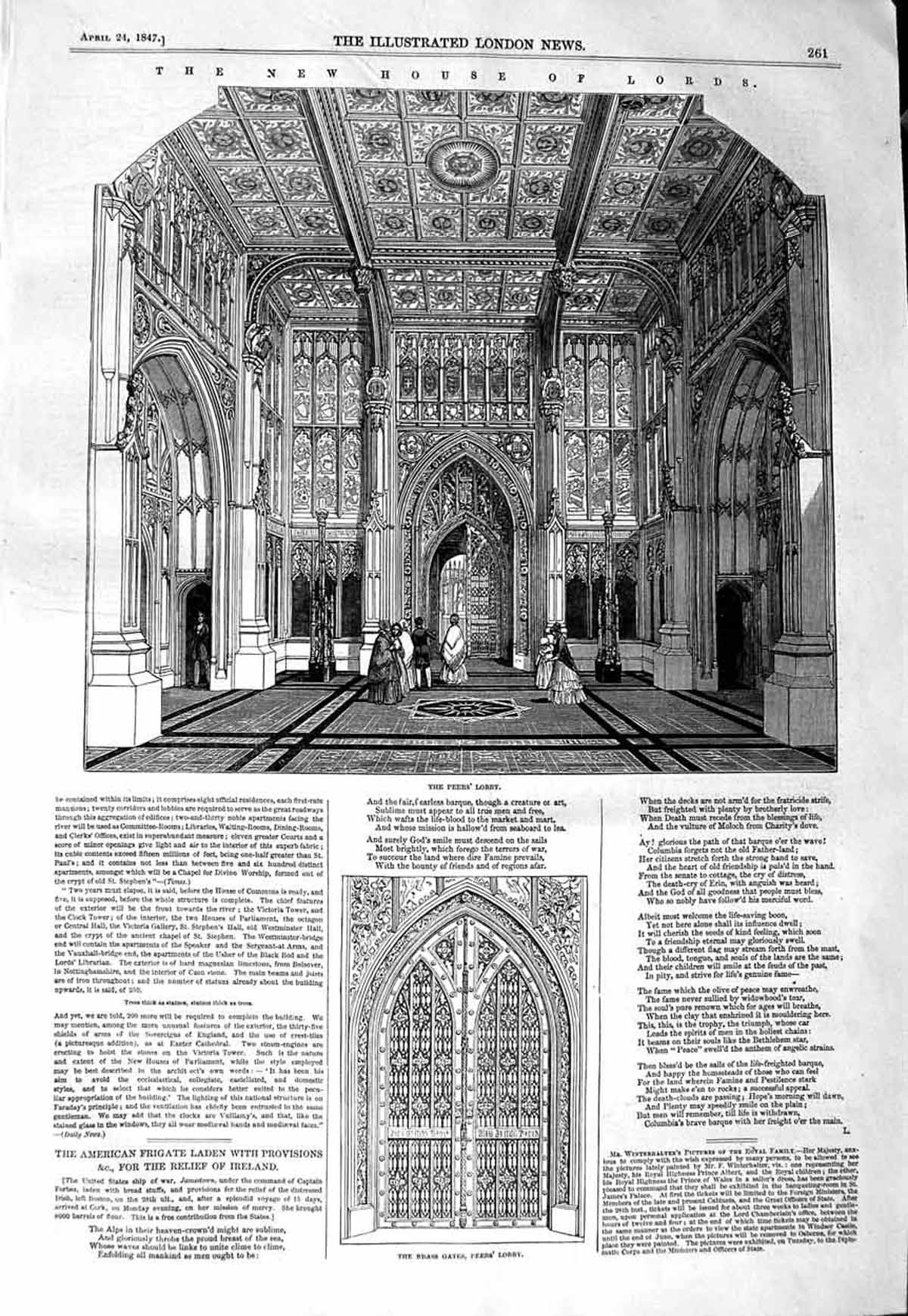 Original Old Antique Print 1847 House Lords Peers Lobby Clerks Table Gas Light