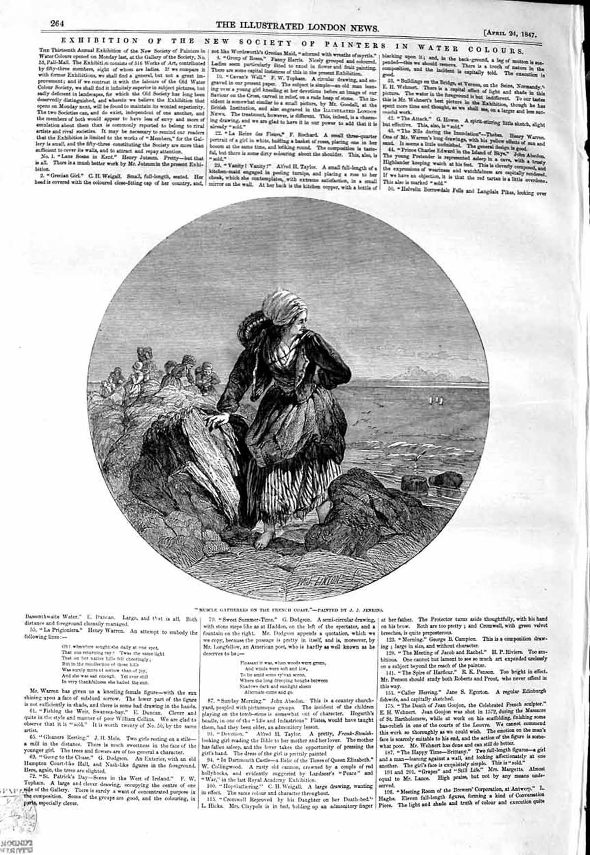 Original Old Antique Print 1847 Muscle Gatherers Coast France Fishing Jenkins