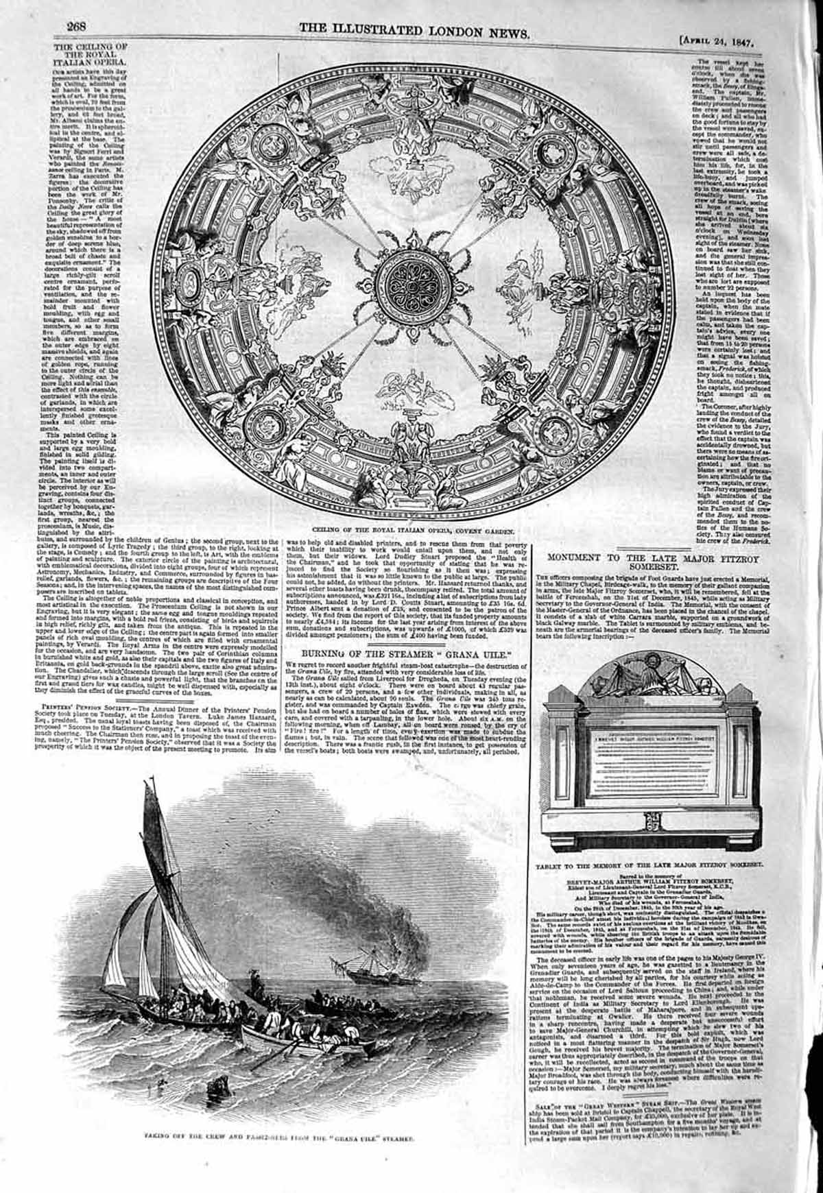 Old Antique Print 1847 Gran Uile Steamer Ship Wreck Ceiling Italian Opera 19th