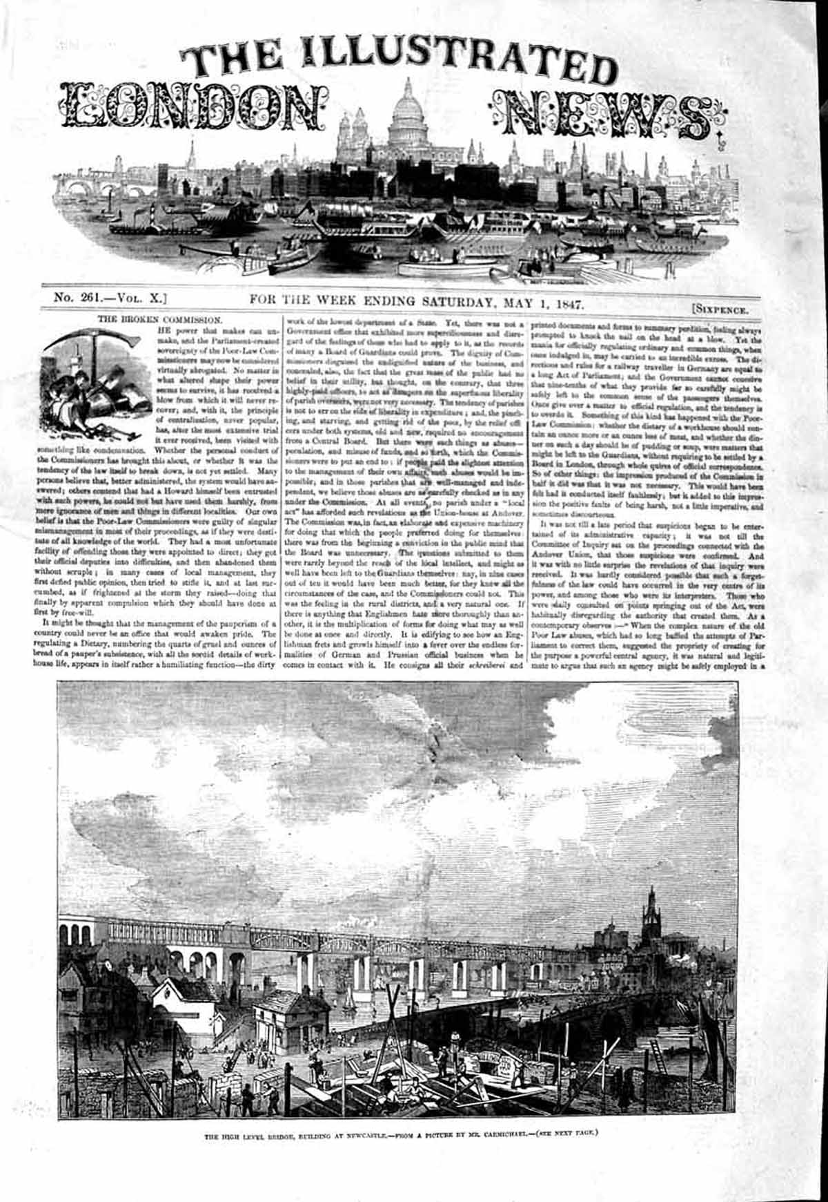 Original Old Antique Print 1847 High Level Bridge Newcastle Railway Engineering