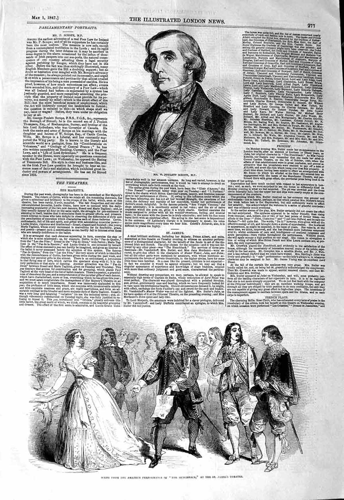 Old Antique Print 1847 Poulett Scrope M.P. Hunchback St. James'S Theatre 19th