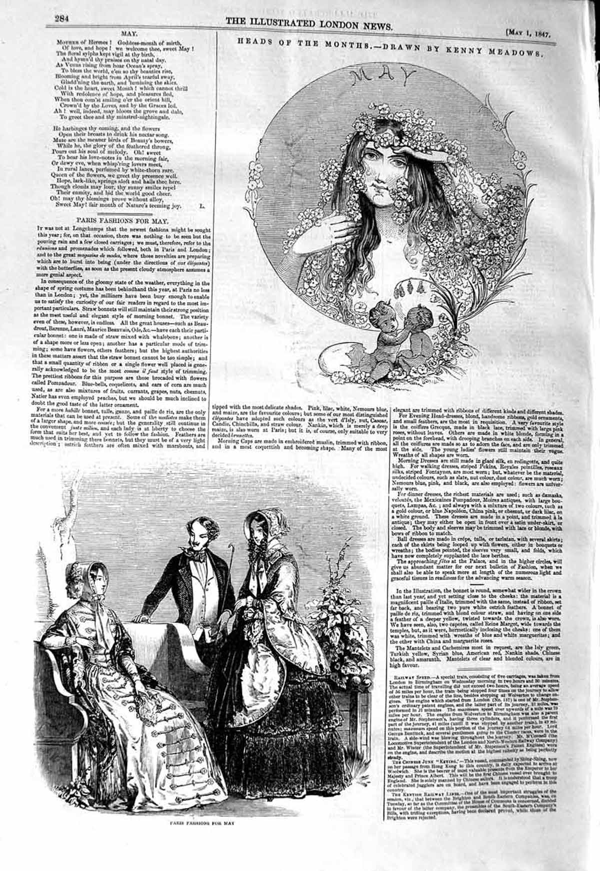 Original Old Antique Print 1847 Paris Fashion Ladies Kenny Meadows Head May