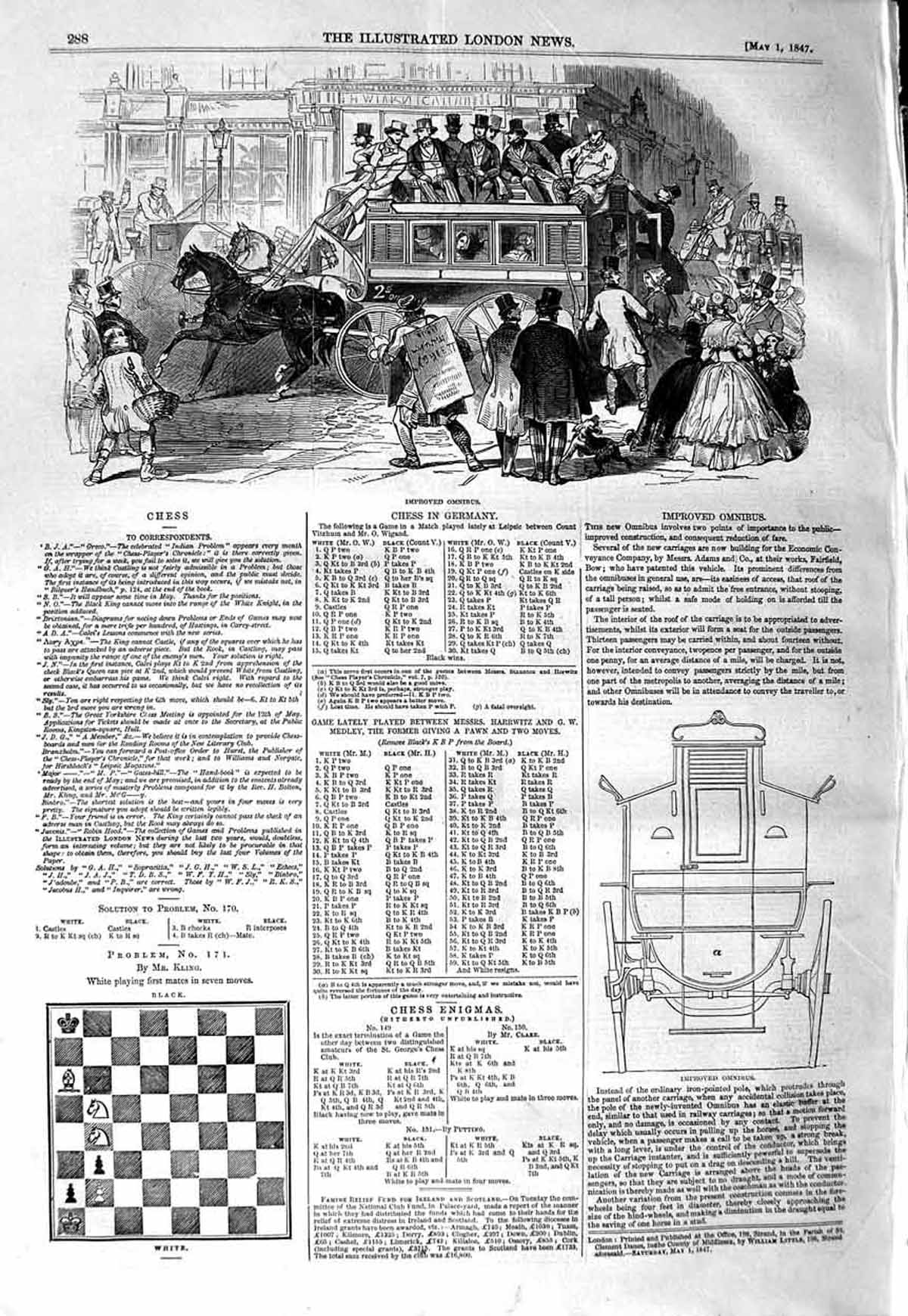 Original Old Antique Print 1847 Imrpoved Omnibus Adams Fairfield Bow Chess 19th