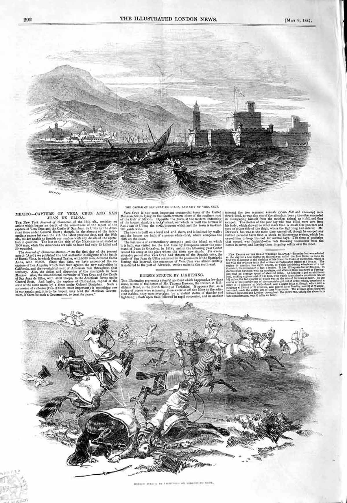 Old Antique Print 1847 Castle San Juan Ulloa Vera Cruz Horses Middleham 19th
