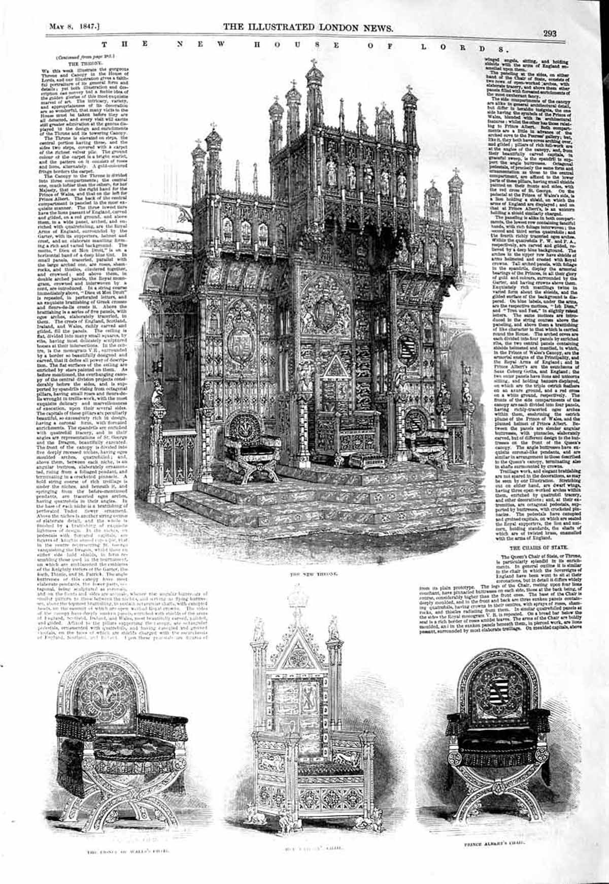 Old Antique Print 1847 House Lords Throne Prince Wales Chair Albert Queen 19th