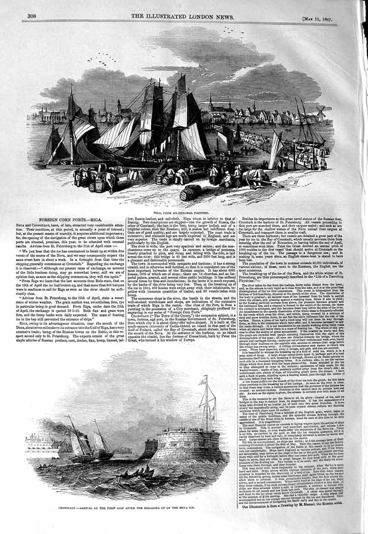 Original Old Antique Print 1847 Foreign Corn Port Riga Ships Cronstadt Neva Ice